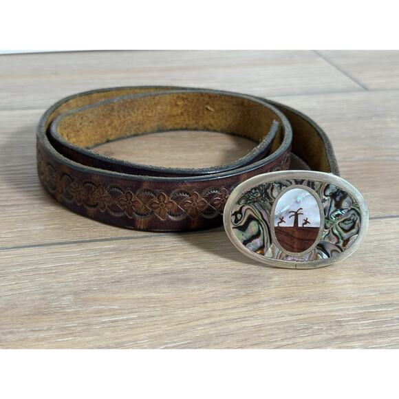 Vintage Mexican Tooled Silver & Abalone Women’s Belt Sz 28 Western Boho Artisan - Picture 15 of 15